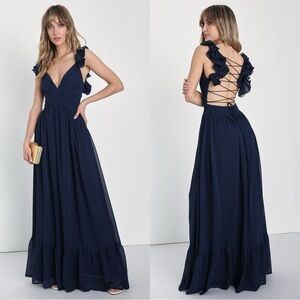 Size S - Lulus Soiree Celebration‎ Navy Blue Ruffled Lace-Up Maxi Dress